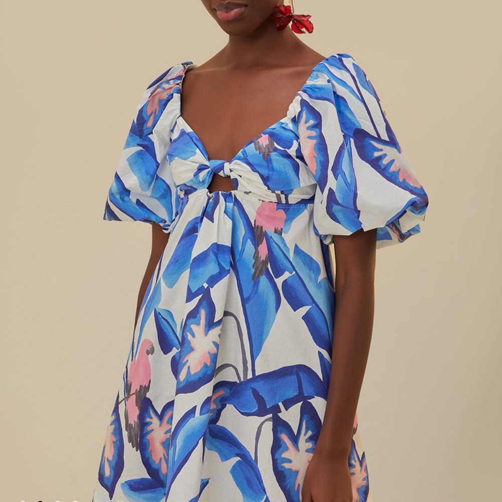 Farm Rio Off-White Blue Foliage Mini Dress
